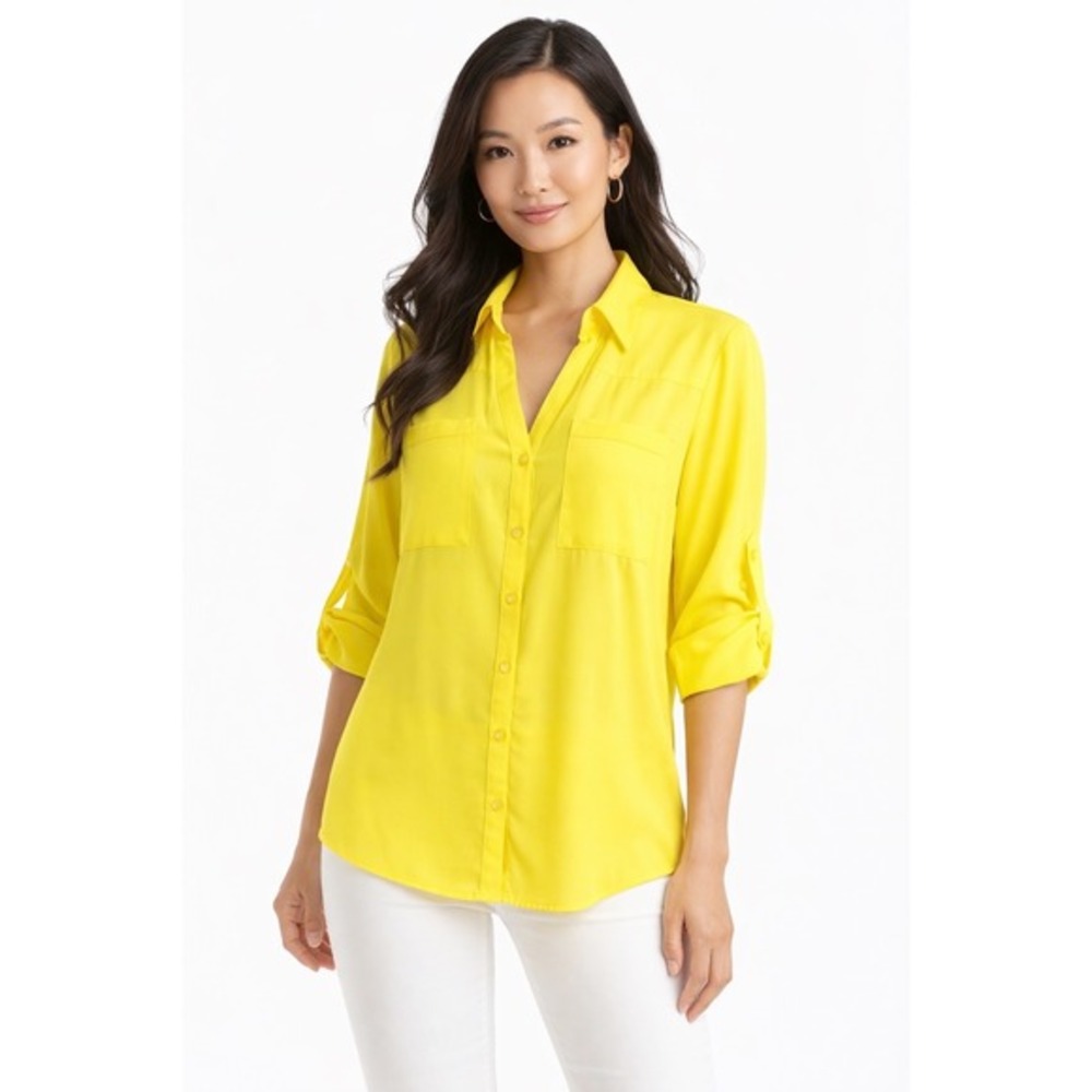 Express Portofino Shirt Neon Yellow Roll Tab Sleeve Button Down S‎ Preppy 58-19